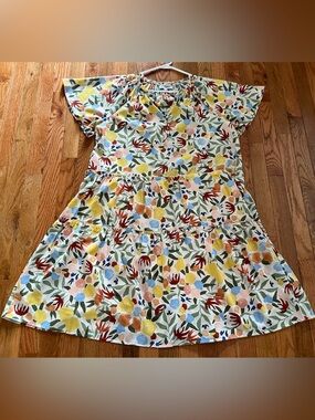 Polagram Colorful Floral A-Line Tiered Cotton Dress fits L or XL Flutter Slv NEW